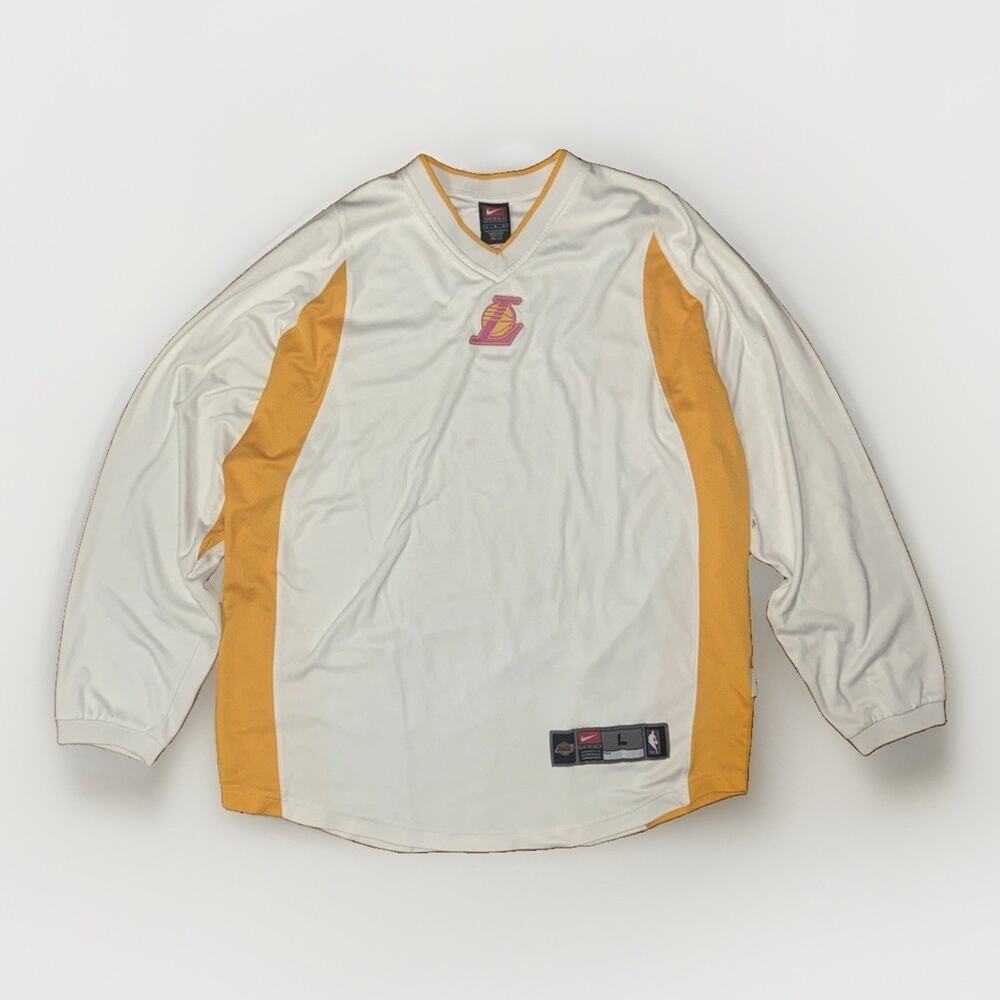 Vintage Nike Los Angels Laker Long Sleeve Jersey Large 24x29 White Gold